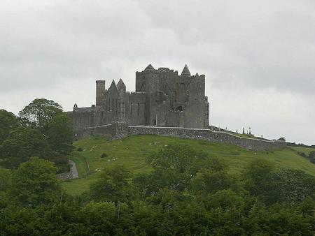 View of the Rock of Cashel from a distance, showing the keep and outer walls